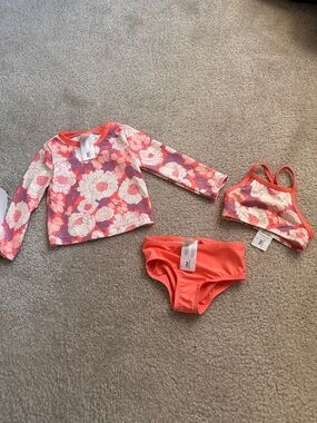 Floral Coral Toddler 3-Piece Swim Set - Rash Guard, Bikini Top & Bottom